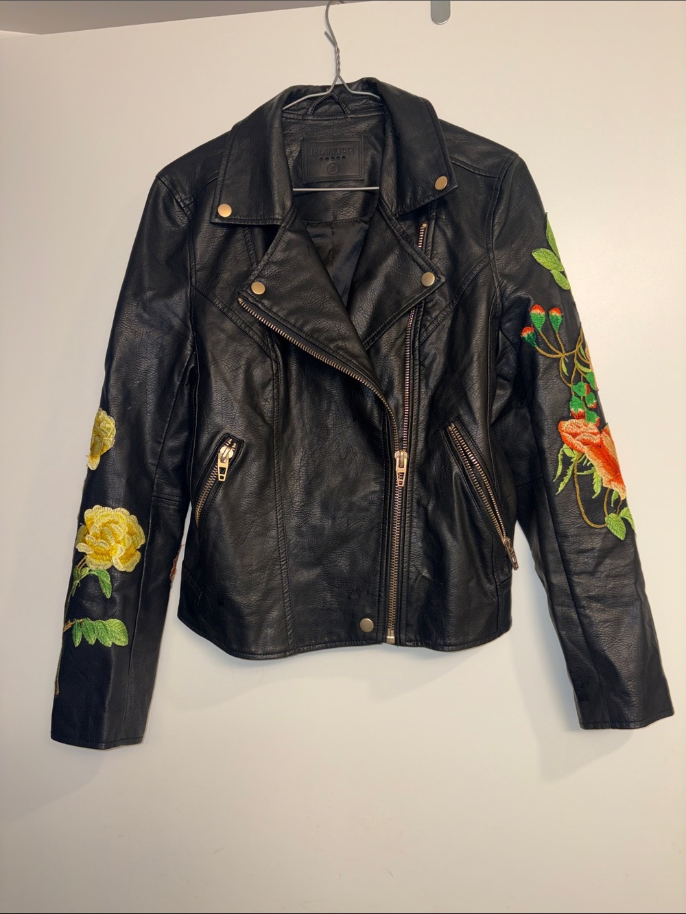 Women’s Black Leather Moto Jacket with Floral Embroidery